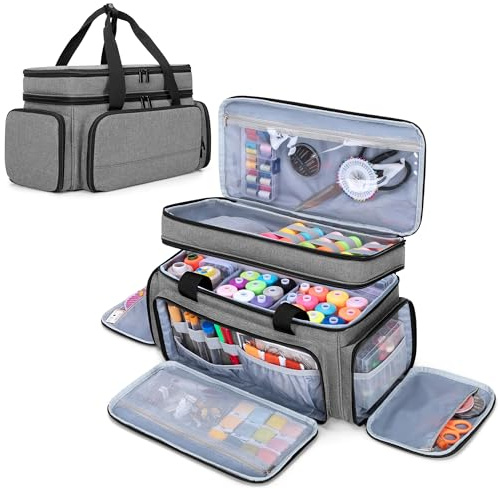 Luxja Large 2 Layers Sewing Organiser Bag with 5 Detachable Dividers, Storage Bag for Sewing Supplies, Grey