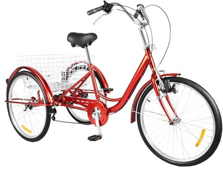 HarBin-Star - 24 Zoll Dreirad, 3 Räder Dreirad Erwachsene, 6 Gäng Dreirad mit Korb und Licht, Senioren Einkauffahrrad Tricycle für Erholung, Einkaufen, Picknicks, Rot