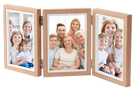 Bilderrahmen, rustikaler vertikaler Collagenrahmen, vertikaler Holz-Klapprahmen, 10 x 15 cm, Familien-Bildercollage, drei Öffnungen, Bilderrahmen für den Schreibtisch