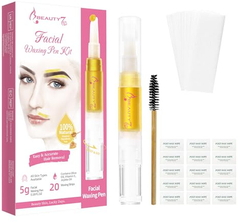 Beauty7 Eyebrow Sugar Wax Pen 5g + 20 Waxing Strips Sugar Wax Formula | No Heat Brow Wax Kit, Facial Hair Removal at Home