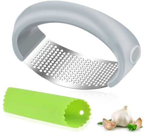 EIHI 1 PCS Prensa de ajo de acero inoxidable, Prensa de ajo para verduras picadas, Prensa de ajo de acero inoxidable con juego de pelador de ajos de silicona (Gris)