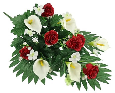 Flair Flower Grableger Grabschmuck mit künstlichen Rosen und Calla 48cm Aufleger Kunstblume Grabdeko Friedhofsgesteck Friedhofsdeko Trauerdeko Blüten Arrangement Blume Tischdeko Gesteck Seidenblumen