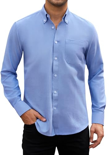 HISDERN Mens Blue Oxford Shirts Long Sleeve Casual Smart Shirt for Men Adult Formal Business Shirt with Pocket Regular Fit L