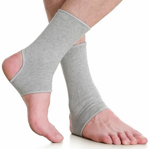 Neotech Care Ankle Support Sleeve - Open Heel, Light, Elastic & Breathable Knitted Fabric - Medium Compression - For Men, Women, Kids - Right or Left Foot (Grey Colour, Size M, 1 Pair)
