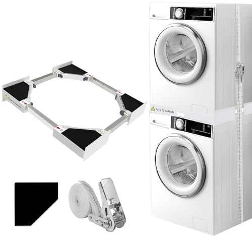 TUAKIMCE Kit de apilamiento universal para lavadora y secadora, kit de marco apilable ajustable para lavadora y secadora de 42-70 cm, estante apilable con cuerdas de trinquete