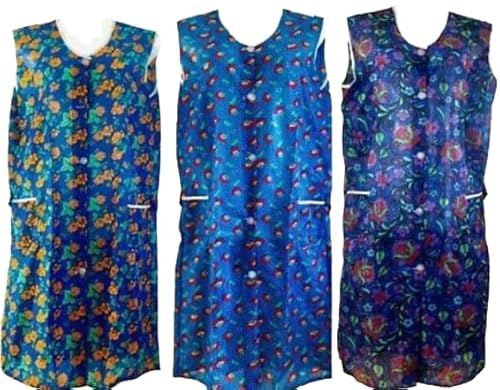 Generisch Kittelschürze bunt mit Knopfleiste, bequeme und abwaschbare Garten- und Haushalts Schürze mit Seitentaschen Dederon Kostüm Kittel DDR Retro Style (Rottöne, 38)