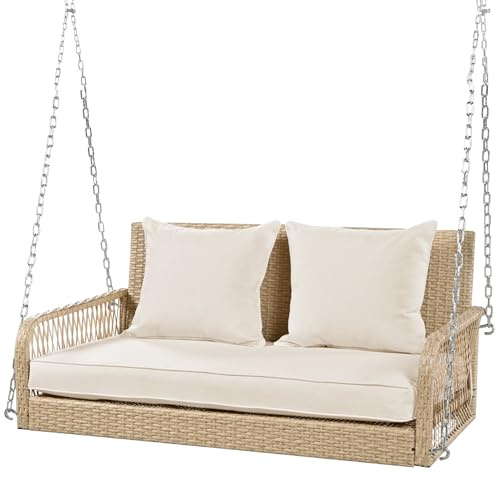 Hollywoodschaukel, Gartenschaukel, Gartenmöbel-Set für den Außenbereich, Beigefarbenes Rattan, graues Sitzkissen, 2 Sitze, mit Sitzkissen und Rückenkissen, abnehmbar und waschbar (Beige)