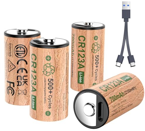 AKTTKA 4-Pack CR123A Baterías Recargables de Litio, 2100 mWh 3V, Puerto de Carga USB-C, 500 Ciclos,Compatible con Linternas, Dispositivos Médicos, Cámaras de Seguridad