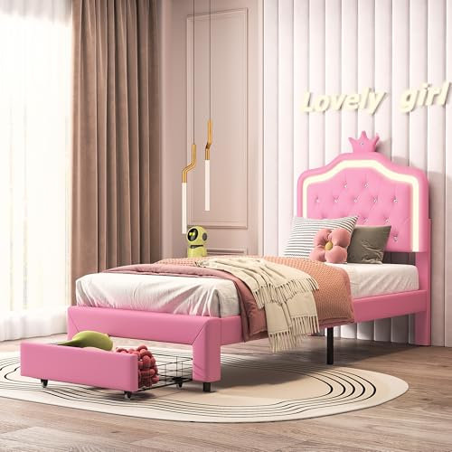 Henunem Kinderbett Einzelbett 90x200, Kronen-Prinzessinnenbett Einzelbett Stauraumbett mit Schubladen und Verstellbarem LED Kopfteil und Lattenrost, Polsterbett Mädchenbett, PU, Ohne Matratze (Rosa)