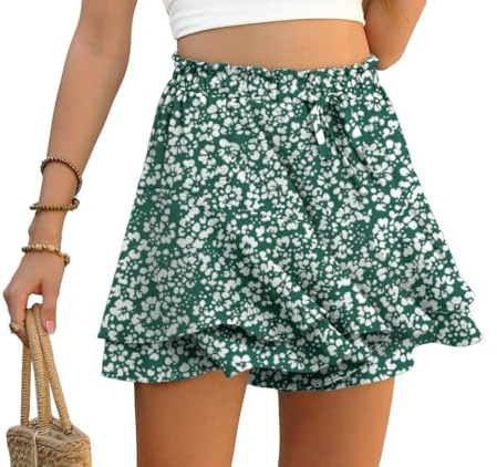 PrinStory - Pantaloncini da donna estivi a vita alta con volant, pantaloncini corti comodi a gamba larga, gonna corta, per tempo libero, spiaggia, vacanze, L