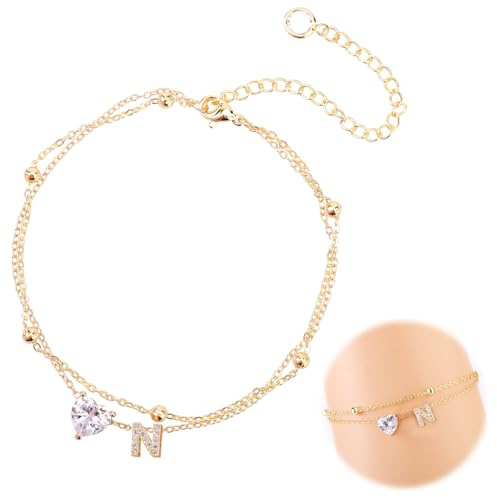 Mikovivi Tobilleras para Mujer, Ajustable Diseño Corazón con Letras Resistente Agua Dorada Pulsera Tobillera Mujer Inicial Ideal para Playa Verano Cadena Letras en Capas Decoración y Regalo