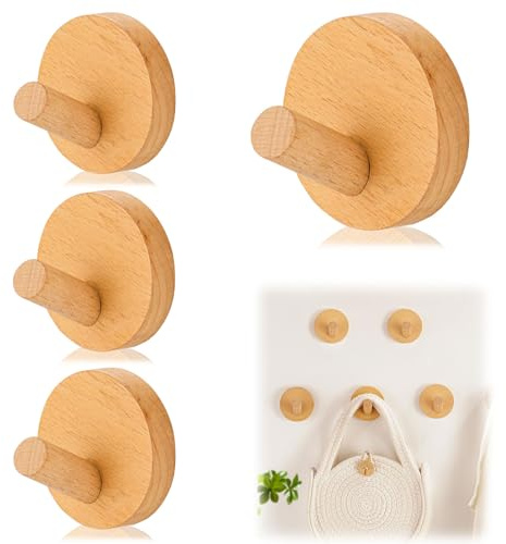 FUYTSUO 4 Stück Garderobenhaken Holz, Wandhaken Holz Rund, Holzhaken Kleiderhaken SelbstklebendHolz, Rund Kleiderhaken, Holzhaken zum Aufhängen für Mützen Rucksack Schals Kleidung
