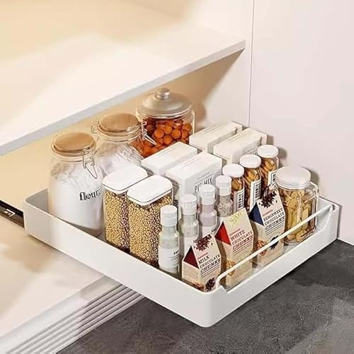 Adjustable Telescopic Pull-Out Drawer Shelves for Kitchen Cabinets - Space-Saving nizer with Rail System White 43x40x7cm - Perfect for Base Cabinets