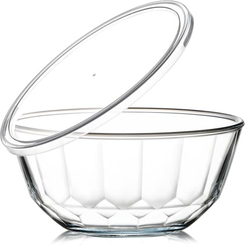 NUTRIUPS Große Glas-Rührschüssel mit Deckel, tiefe große Glasschüssel, große Salatschüssel (Weiß-A)
