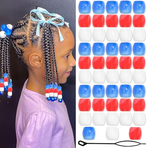 Kotkiddy 48 Stück Perlen Haarperlen Zopf Accessoires für Kinder Mädchen Süss Loc Perlen Haardekoration Schmuckmacher Set mit Werkzeug (Rot Blau Weiß)