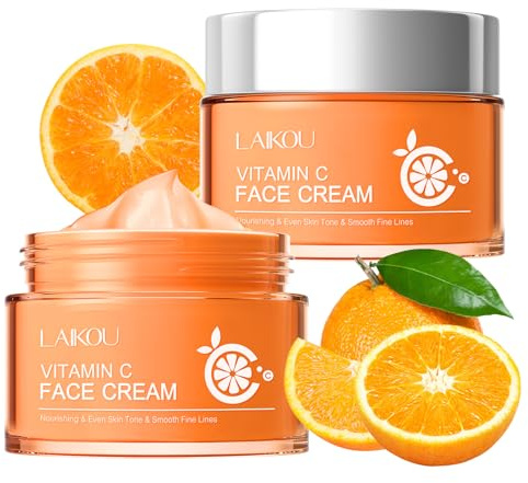 LAIKOU Crema Viso Vitamin C, Crema Viso Antirughe Donna 2 x 50g, CremaViso Giorno e Notte, per Idratante Nutriente Ammorbidisce, Adatta a Tutti i Tipi di Pelle