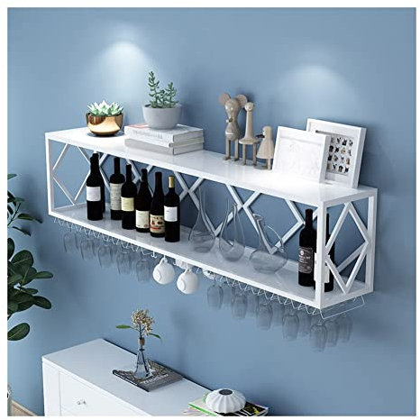 Vinoteca Flotante con estantes de Pared y portabotellas de Hierro Multifuncional, Color Blanco, 80 x 25 x 40 cm