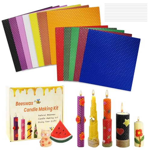 Yunlaishaocer Plaques de cire d'abeille pour bougies - 12 couleurs - Plaques de cire d'abeille (20 x 20 cm) avec 12 mèches - Pour la fabrication de bougies en cire d'abeille - Pour adultes et enfants