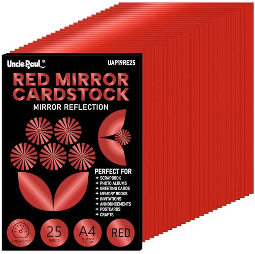 A4 Christmas Red Mirror Cardstock – 25 Sheets, 250gsm/92lb Foil Laminate Metallic Reflective Card Paper for Crafts Decoration UAP19RE25