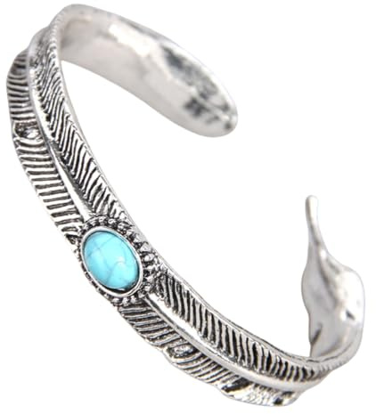 meberg Karma NH10257164 Armreif Damen Altsilber Türkis Boho 5,5 cm vintage Design Modeschmuck Geschenkidee Damenschmuck Damenarmreif Silber Federn