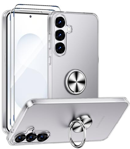 Case Compatible with Samsung Galaxy S25 FE, Kickstand 360 Metal Magnetic Ring Holder Transparent Silicone Shockproof Clear Cover, Silver