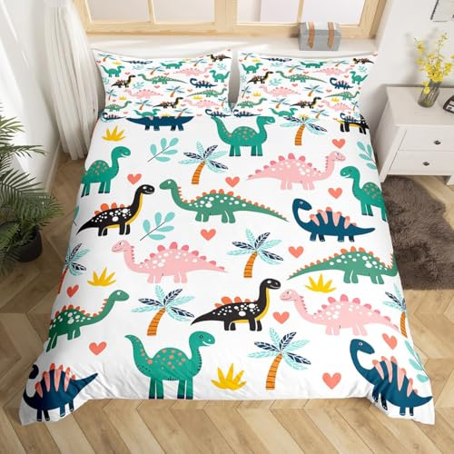 Castle Fairy Cute Dino Duvet Cover Set Twin Size,Kawaii Pink Green Blue Dinosaur Reversible Bedding Set Soft Bedroom Decor,Cartoon Wildlife Trees Leaves Plant Polyester Quilt Cover (No Filler), 2 Pcs