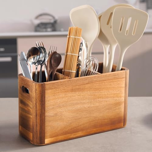 SANOSY 12 Wooden Kitchen Utensil Holder, Extra Large Acacia Wood Organizer for Cooking Tools, Utensils & Cutlery Storage – 3-Compartment Countertop Holder