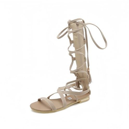 FQLGJMY Dam knähöga romerska utskurna gladiatorsandaler sommar vardaglig ankelrem öppen tå andas bak dragkedja lågklackade sandaler, Stil 3 Beige, 38.5 EU