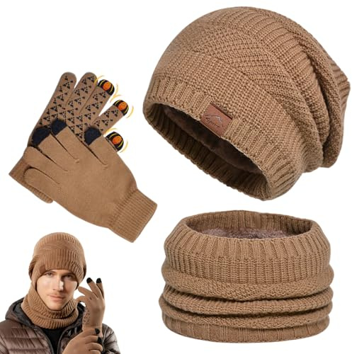 Tbintul Sombrero de Gorrita Tejida, Bufanda, Guantes de Pantalla táctil 3 en 1, Invierno, Forro Suave, Gorro de Punto Cálido, Unisex, Bufanda de Punto Grueso (Caqui)