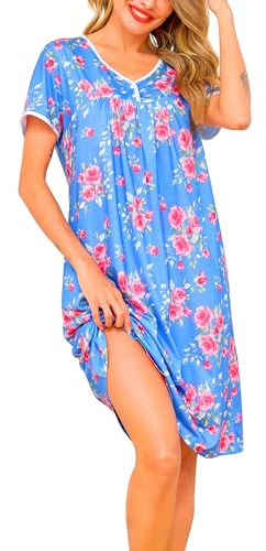 Vlazom Women's Nightgown Cotton Soft Nighties Pleated Casual Nightdress Short Sleeve Night Shirts Nightwear with Pockets Blue,M