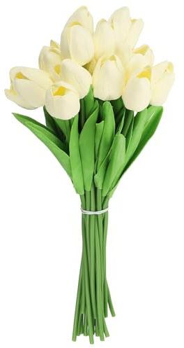 QUARKZMAN 20 Pezzi Tulipani Fiori Artificiali, Fiori Finti Steli Di Tulipano In Seta Con Effetto Reale Per Centrotavola Bouquet Matrimonio Decorazione Tavolo Feste (Bianco Crema)