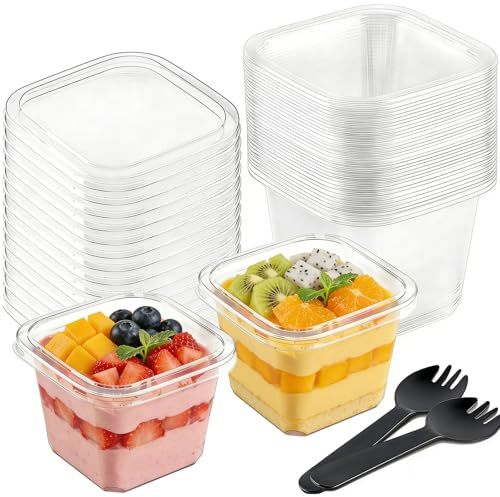 Bcuuozeeing 50 stycken dessertbägare i plast med lock, rektangulära dessertskålar i plast, återanvändbara, med sked, för desserter, mousse, pudding, glass, bufféer, dessertfester