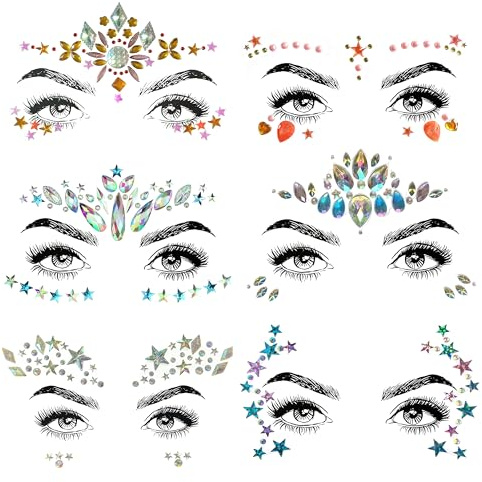 SHINEYES 6 Pcs Gesicht Körper Augen Temporäre Tattoos Gesicht Juwelen Aufkleber Glitter, Hergestellt aus Edelsteinen Rhinstone Kristalle für Rave Karneval Maskerade Musik Geburtstagsfeier Festival