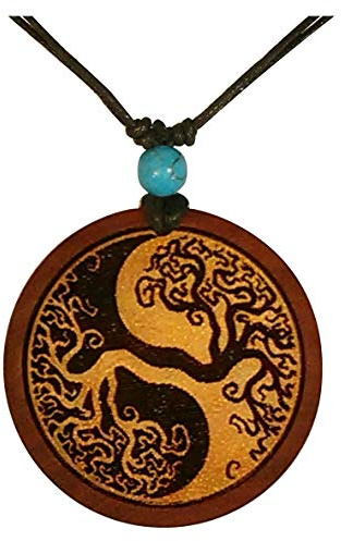 CHICNET Damen Herren Holzkette mit Türkis Stein Baumwolle Holz Anhänger in rund rotbraun - verstellbar - mit Motiv Lebensbaum Yin Yang