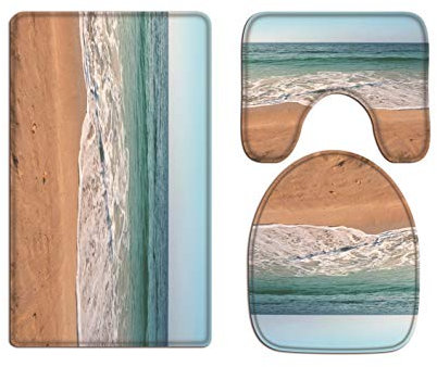 A.Monamour Badezimmer Badematte 3 Teilig Set Sommer Sandstrand Ozean Meer Wellen Blauer Himmel Natur Landschaftsbild Flanell Saugfähig Badteppiche Badvorleger Badgarnitur WC Vorleger