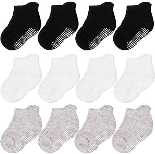 CozyWay Toddler Socks with Ankle Grips - Non-Slip Baby Socks with Grips - Grippy Pair for Toddlers Girls - 1T-3T, Black/White/Gray, Pack of 12