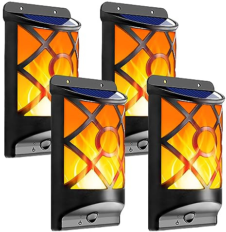 LazyBuddy Solar Flame Lights Outdoor, Realistic 3D Flickering Flames with 66 Ultra-Bright LEDs - IP65 Waterproof Wall Mount Lanterns for Deck, Fence, Patio, Garden, Auto On/Off (4-Pack Value Set)