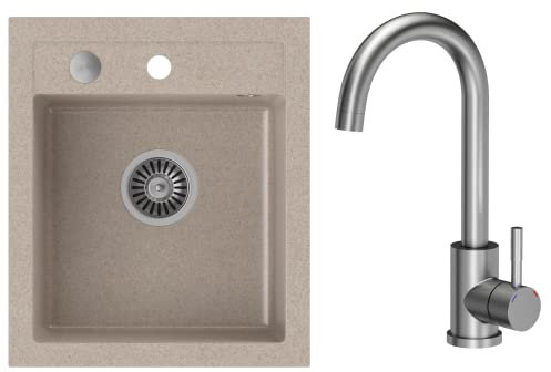 VBChome Spülbecken mit Armatur Beige 43 x 50 cm Granitmit mit Spültischarmatur Einzelbecken Einbauspüle gesprenkelt reversibel Verbundspüle + Siphon Waschbecken