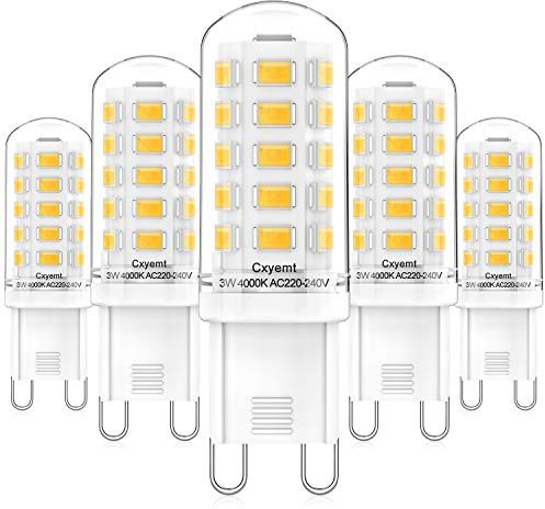 Cxyemt G9 LED Light Bulbs, 3W, Equivalent to 28W 33W 40W Halogen Bulbs, Natural White 4000K, AC 220-240V, Non Dimmable, Non Flicker, Energy Saving LED Lamp, 5 Pack