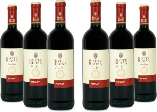 BotteBuona Vino Rosso Merlot, Vino Italiano dal Gusto Raffinato e Profumo Fruttato, 12 % Vol, Confezione con 6 Bottiglie da 750 ml