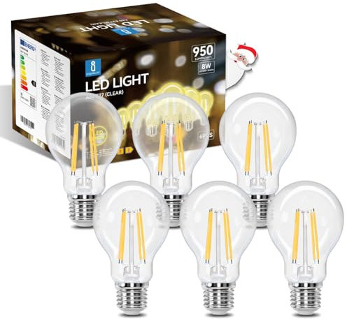 Aigostar - Bombilla LED E27 Edison, 8W Equivalente a 69W, Blanco Cálido 2700K, 950 Lúmenes, Bombilla LED Vintage Decorativa A60 de Filamento, No Regulable, Cristal Transparente, Pack 6