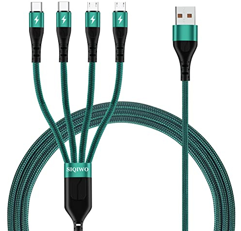 SIQIWO Multi Charger Cable 3A 1.2M, Nylon Braided 4 in 1 USB Fast Charging Cord with 2 Micro USB/2 Type C Adapter Port, for iPhone 17/16, Samsung Galaxy S23 S21 S6, Tab, Huawei, Sony, LG, Xiaomi, Moto