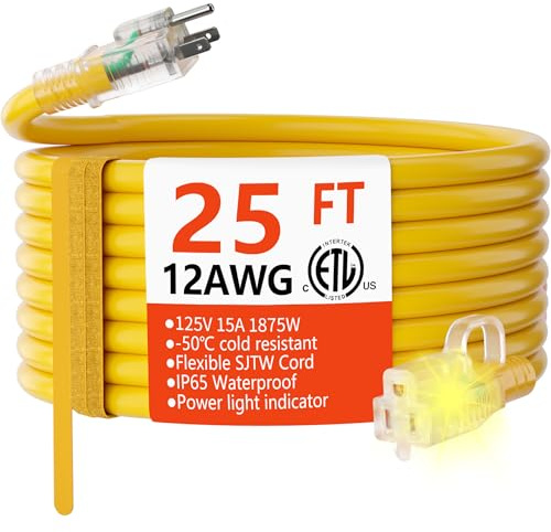 HUANCHAIN 12 Gauge Heavy Duty Outdoor Extension Cord 25 ft Waterproof with Lighted end, Flexible Cold-Resistant 3 Prong Electric Cord Outside, 15Amp 1875W 12AWG SJTW, Yellow, ETL