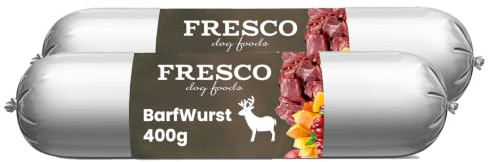 FRESCO Dog Barf Hundewurst schnittfest Wild 2x400g | Nassfutter für Hunde | Getreidefrei, hoher Fleischanteil 88% und Monoprotein | Ideal als Hundefutter, Topping oder Hundesnack | Aus Deutschland