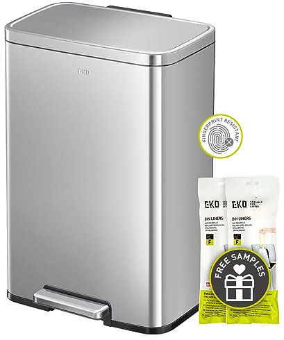 EKO Madison 50L Pedal Bin, Matte Stainless Steel with Fingerprint-Resistant Finish, Removable Inner Liner, Silent Soft Close & Stay-Open Lid Rubbish Bin for Kitchen, Household Use, Office