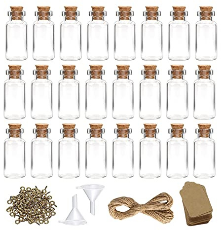 LumenTY 40 Stück Glas Reagenzgläser mit Korken 10 ml Mini Glasflaschen mit Juteschnur und Anhänger Mini Flaschen mit Trichter für Hochzeit Party Zubehör Dekorationen
