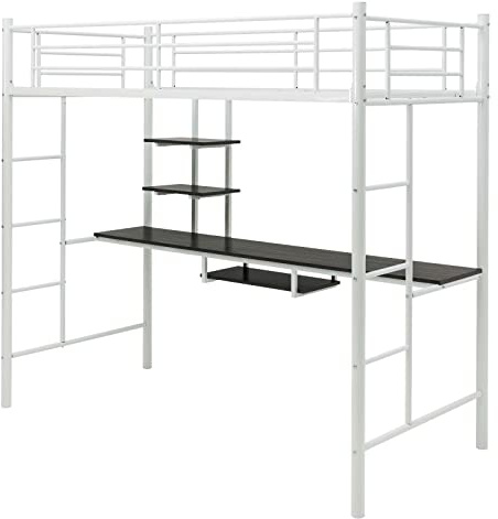 Multigot Bunk Bed with Desk, 2-Side Ladder Single Loft Bed (White)