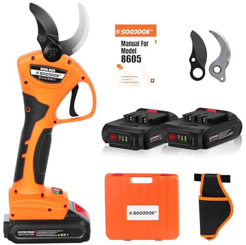 SOOJOOK 8605 Akku Astschere, 40MM Professionell Elektrische Astschere mit Akku,1050W 2x21V 2A Progressive Elektrische Gartenschere, mit 2 Ersatzklingen