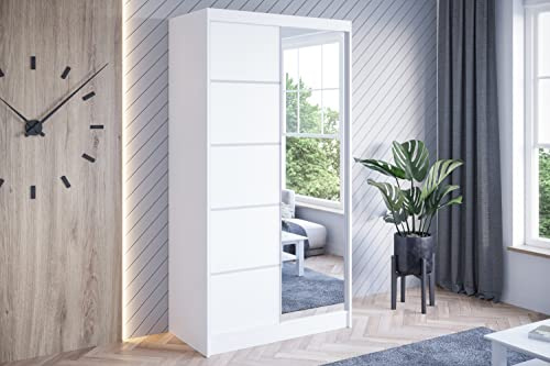 ML Furniture Ltd Kleiderschrank mit Spiegel 100 cm Daytona Schwebetürenschrank Schrank Garderobe Schlafzimmer- Wohnzimmerschrank Farbe: Weiß Matt
