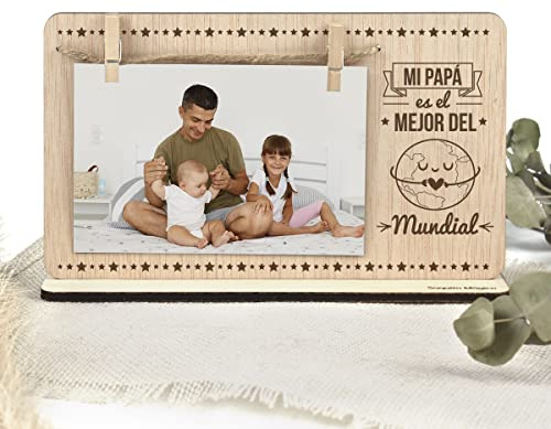 SAQUITOMAGICO Marco de Fotos para Papá | Portafotos de Madera con Pinzas y Soporte | Regalo Original y Emotivo para Cumpleaños, Día del Padre o Navidad